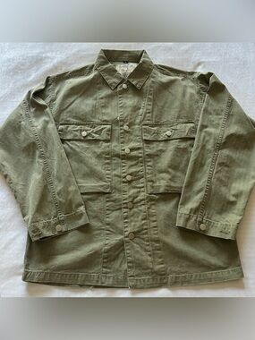 basketcase gallery military green muted stripes 100% cotton shacket / size large